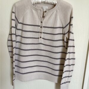 Garnet Hill Cream & Gray Striped Henley Pullover